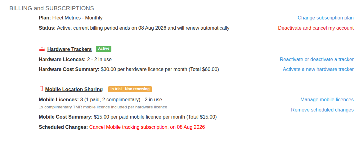 Account tab showing service status, next payment, plans and the vehicles or people using them.