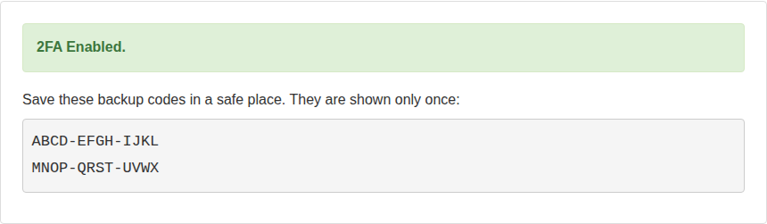 Two-Factor Authentication confirmation showing two synthetic one-time backup codes.