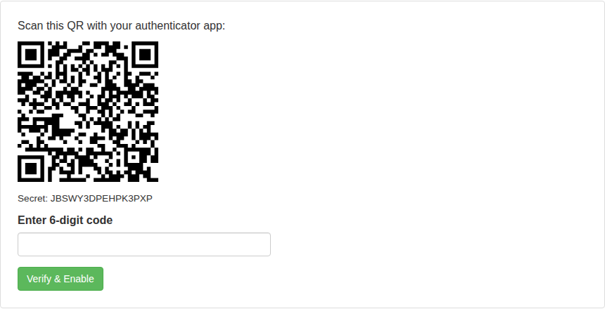 Example Two-Factor Authentication setup with a synthetic QR code, setup secret and verification field.