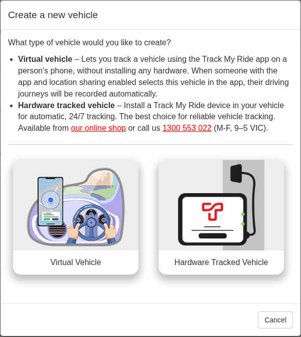 Create a new vehicle dialog with Hardware Tracker and Virtual Vehicle choices.