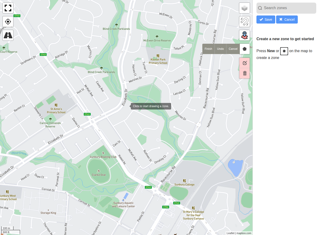 Map in zone drawing mode with Save and Cancel controls ready for the first boundary point.