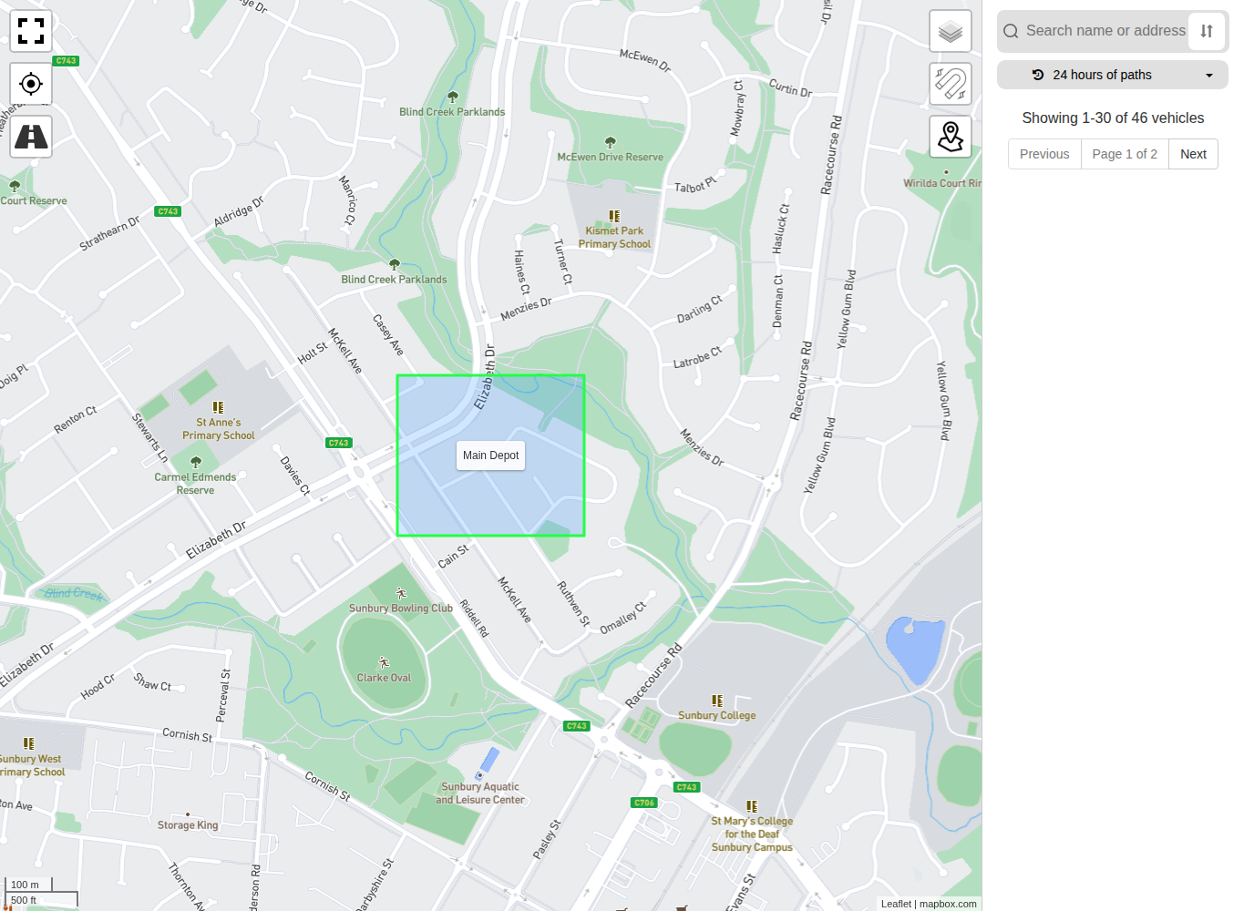 Saved Main Depot zone displayed on the map after zone editing is finished.