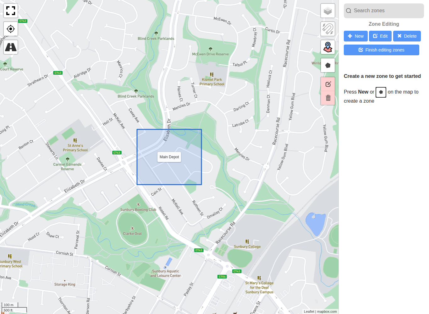 Live map where authorised users view and manage configured zones.
