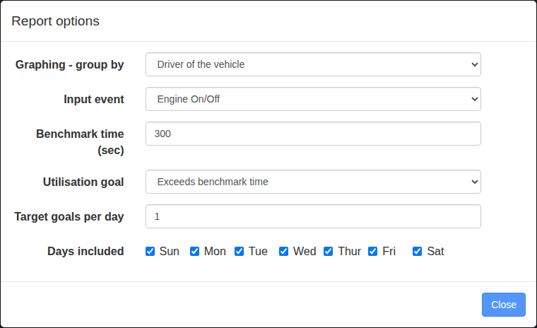 Utilisation report options for grouping hardware events and setting a duration benchmark and daily target.