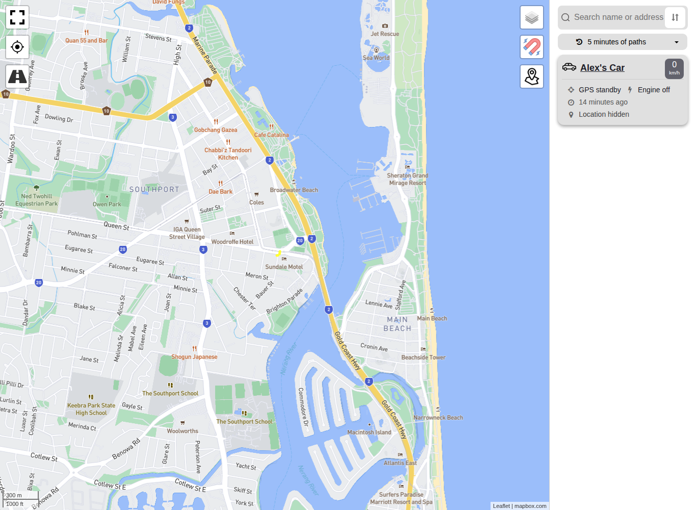 Live map focused on one vehicle with current status and the latest five minutes of tracking.