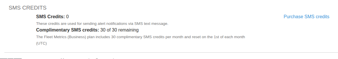 Account tab showing purchased and complimentary SMS credit balances.