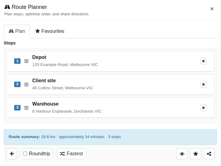 Route Planner showing ordered example stops with route distance and estimated duration.