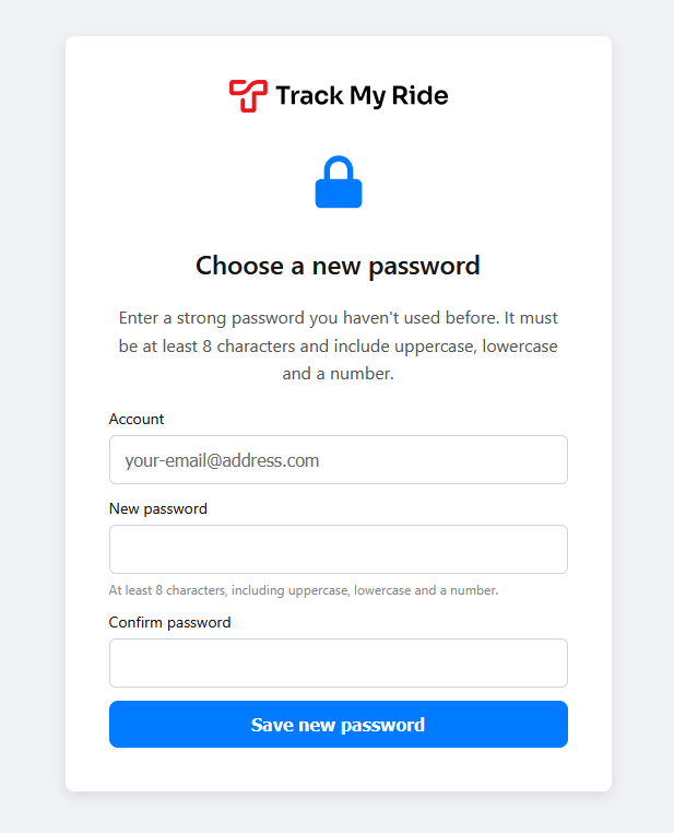 Choose a new password page with new password and confirmation fields.