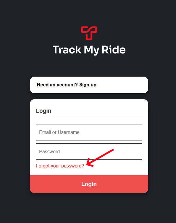 Track My Ride login form with the Forgot your password link highlighted.