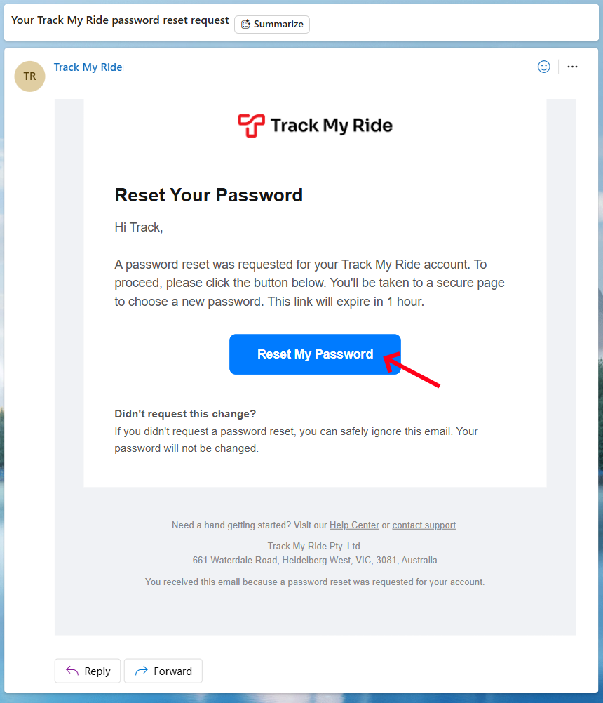 Track My Ride password reset email with the Reset My Password button highlighted.