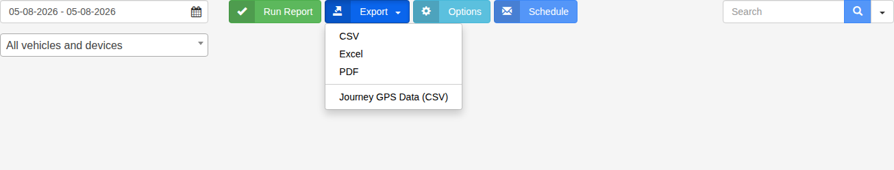 Journeys report controls with the available CSV, Excel, PDF and GPS data export choices.