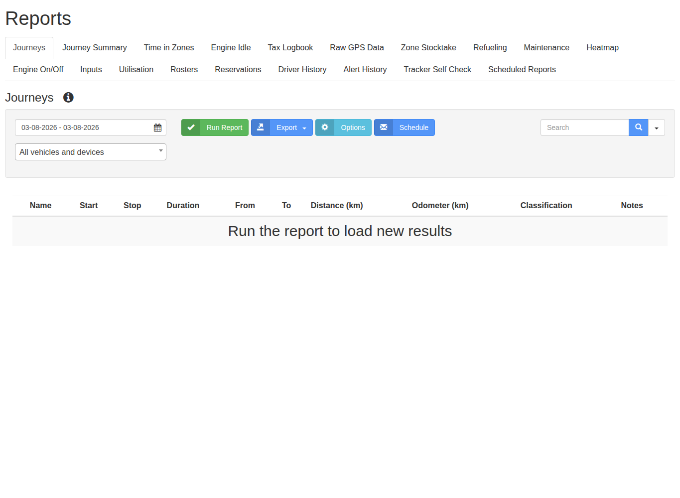 Reports page showing available report tabs and report filter controls.