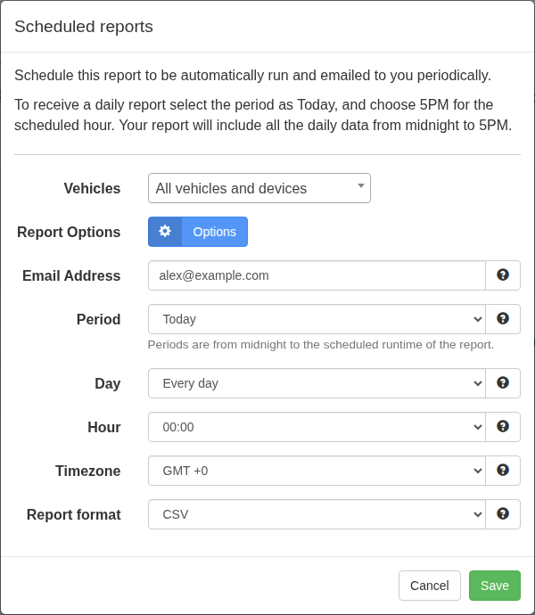 Scheduled report form showing recipient, period, delivery time, timezone and file format controls.