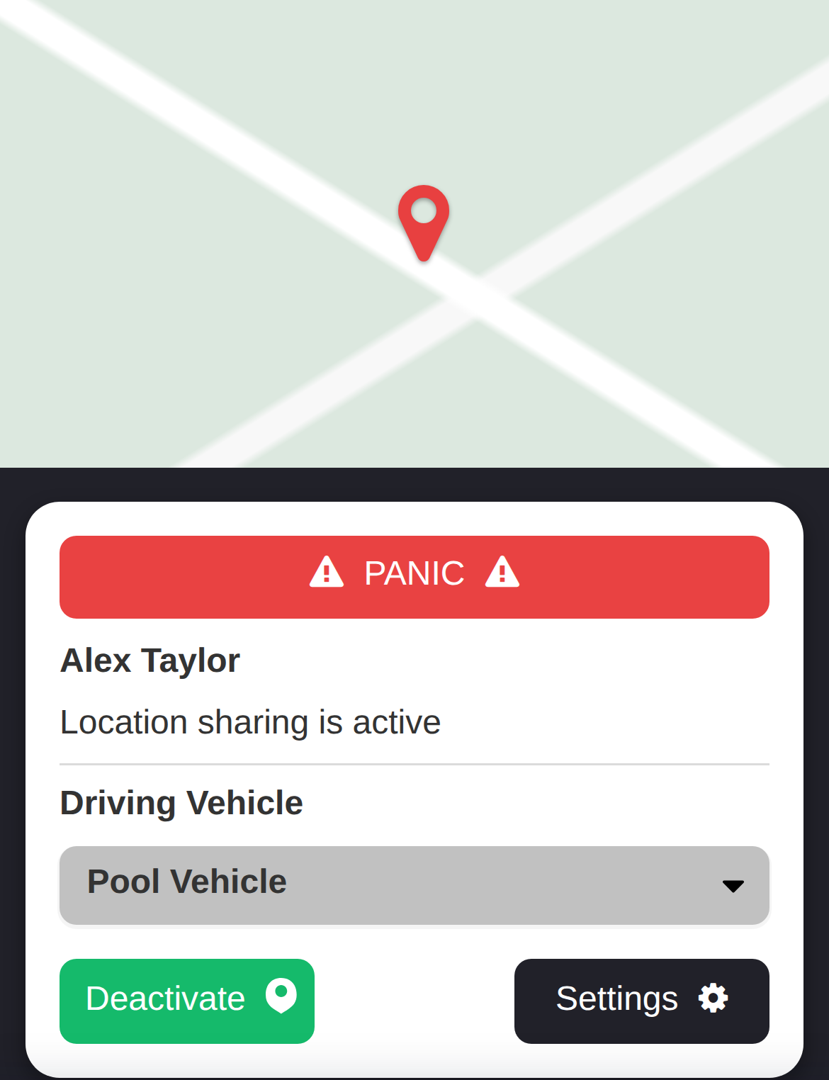 Active phone Location Sharing screen showing a synthetic person status driving vehicle and controls.