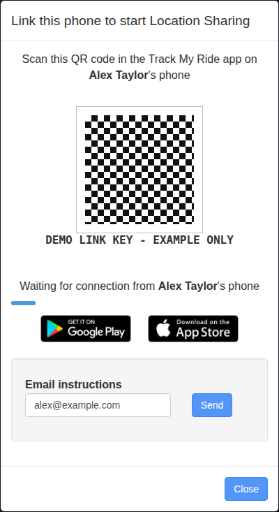Administrator phone-linking window with a synthetic QR pattern example link key and email instructions field.
