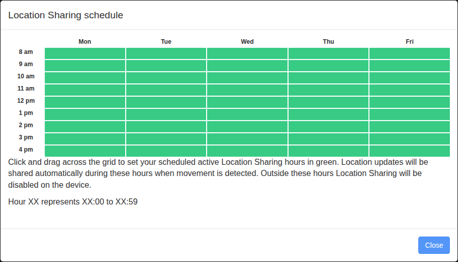 Administrator Location Sharing schedule showing active weekday hours in green.