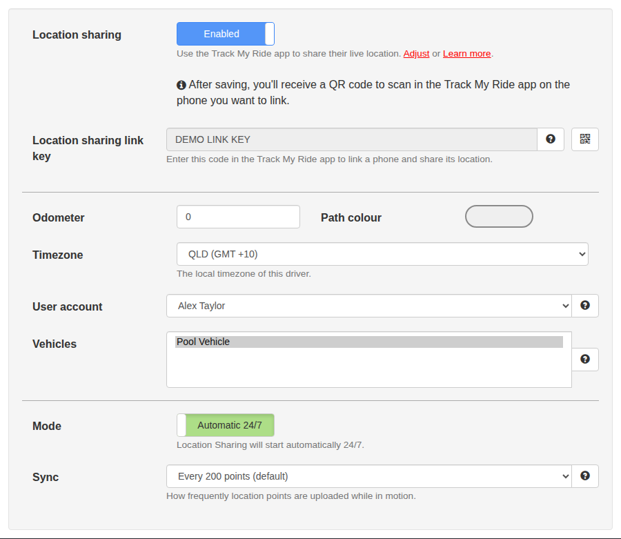 Administrator Location Sharing settings for enabling a person and configuring account vehicle mode timezone and sync options.
