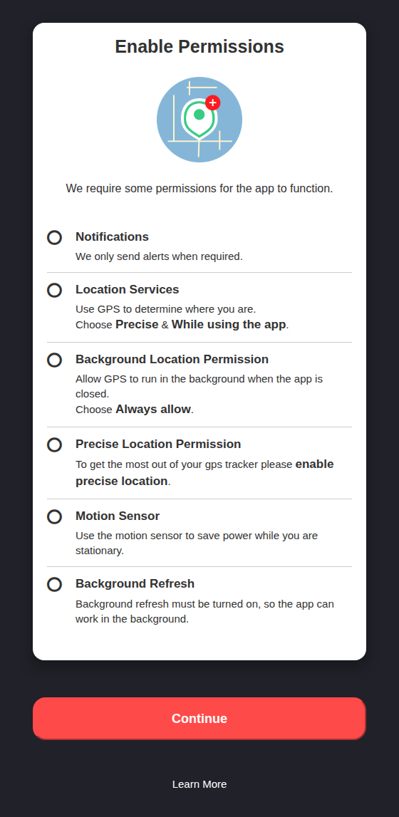 Phone Location Sharing permissions checklist for notifications precise and background location motion and background refresh.