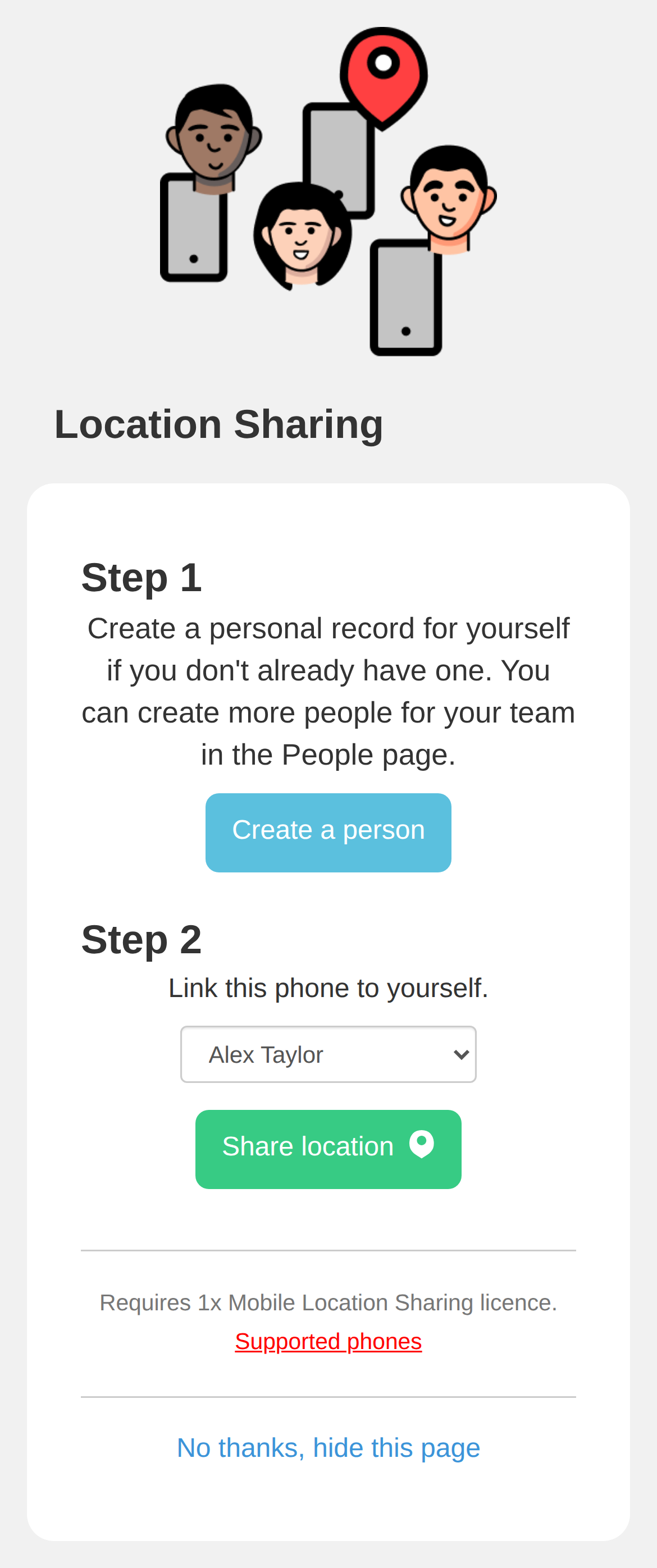 Phone setup screen for selecting the correct person and starting Location Sharing.