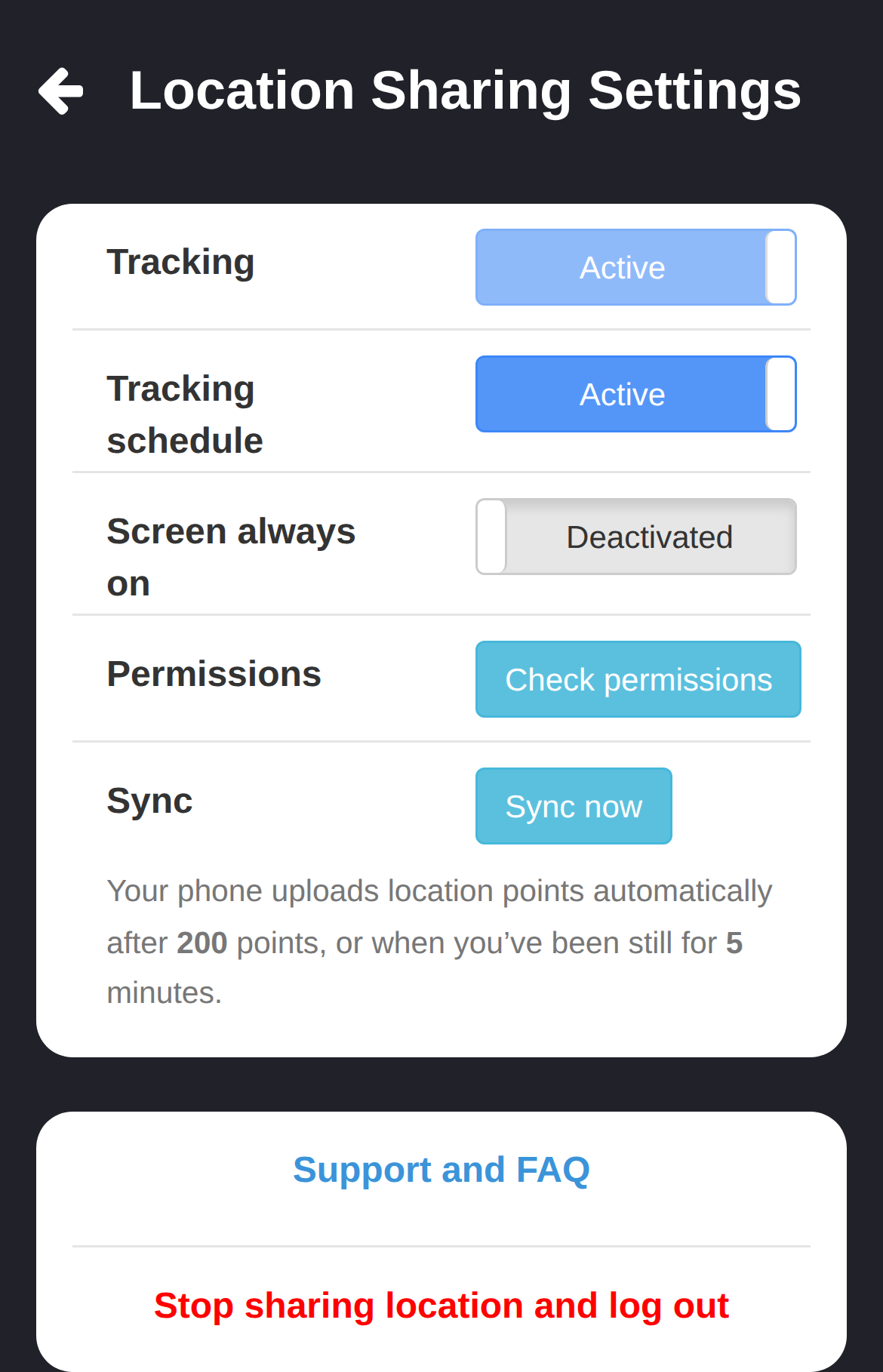 Phone Location Sharing settings showing tracking schedule screen always on permissions sync and logout controls.