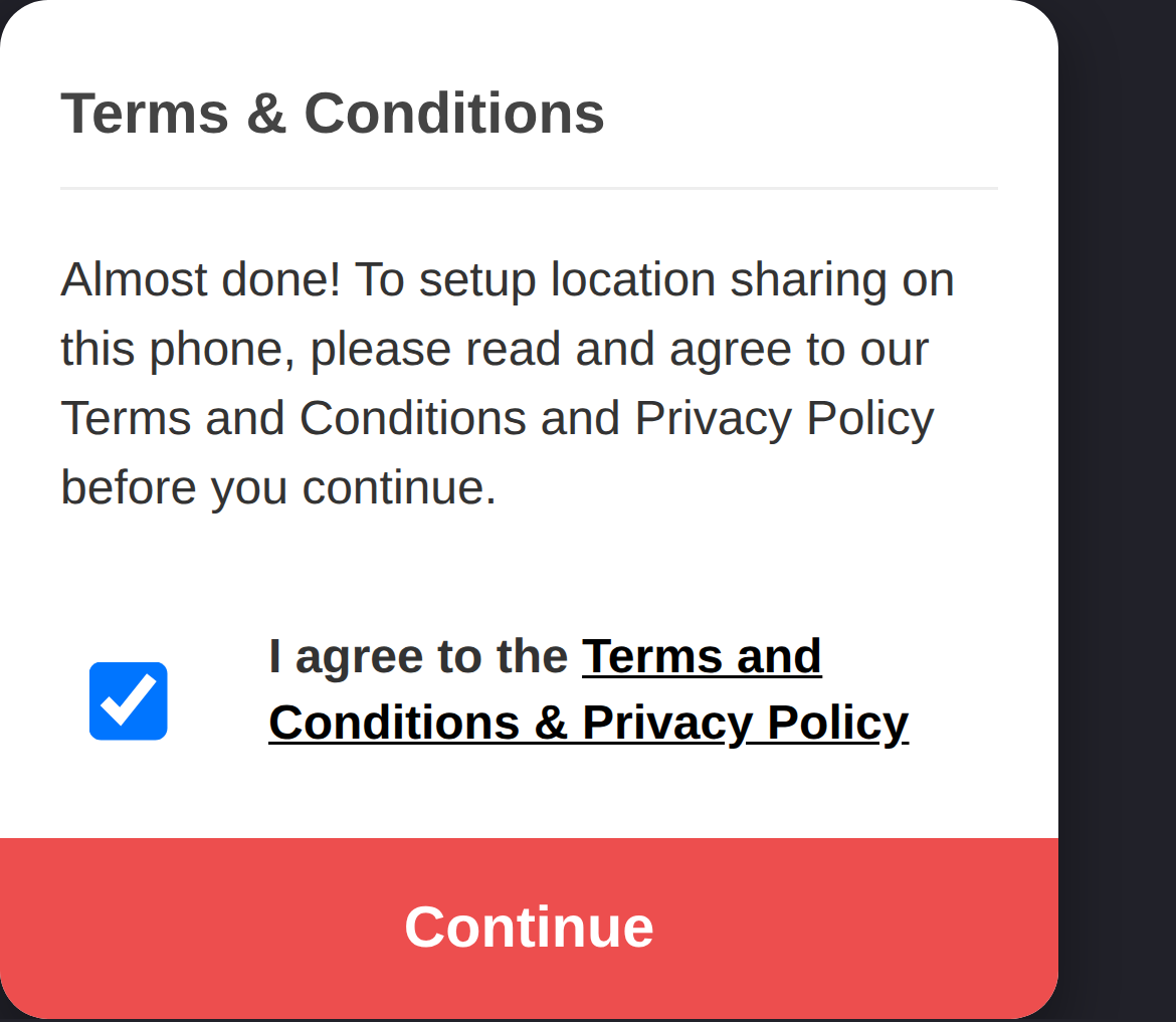 Phone Location Sharing terms screen with the consent checkbox and Continue control.