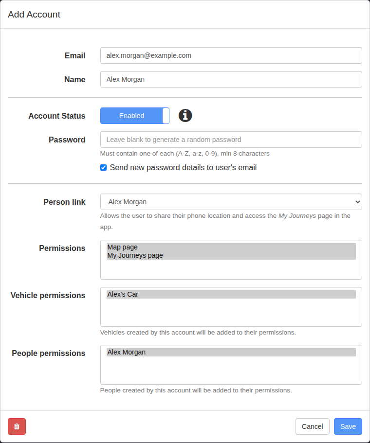 Add Account modal showing a separate team login linked to the Alex Morgan person profile with limited access permissions.