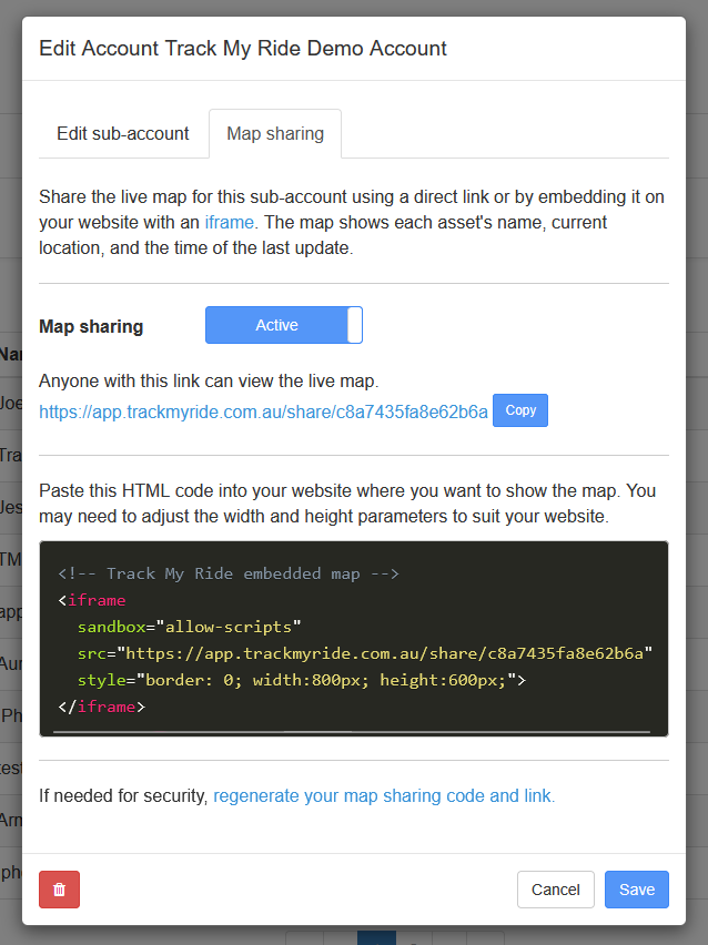 Active Map sharing tab showing the direct link, iframe code and security regeneration link.