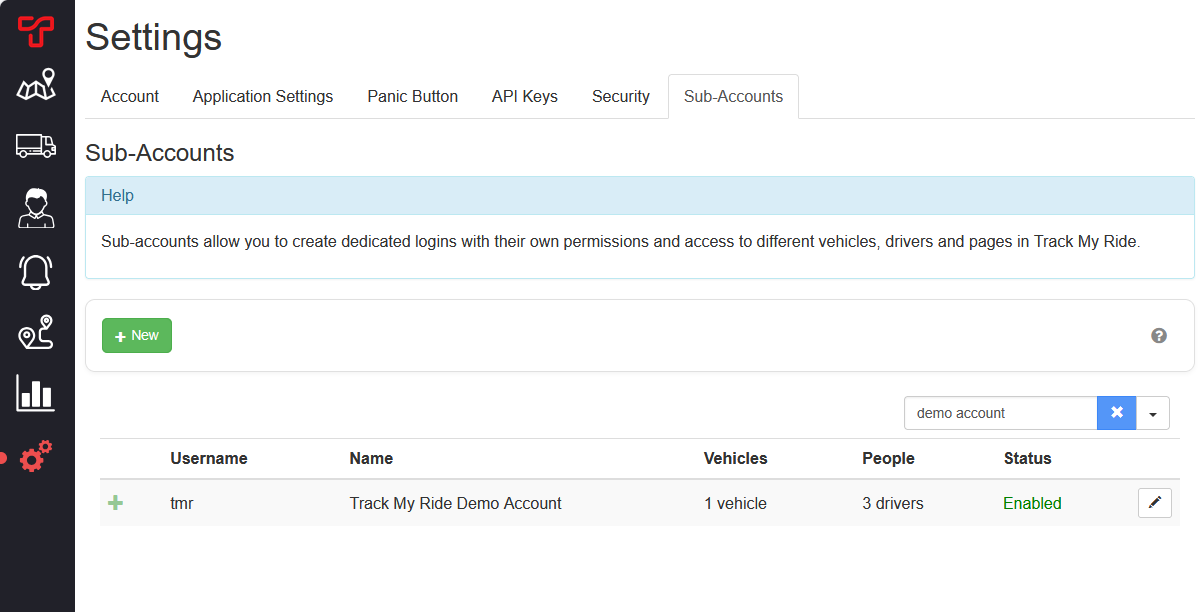 Sub-Accounts settings showing the New button and pencil icon used to create or edit a sharing account.