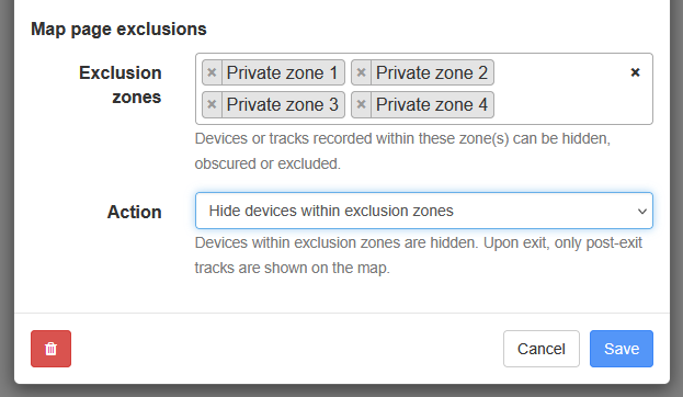 Map page exclusions configured to hide devices within selected private zones.