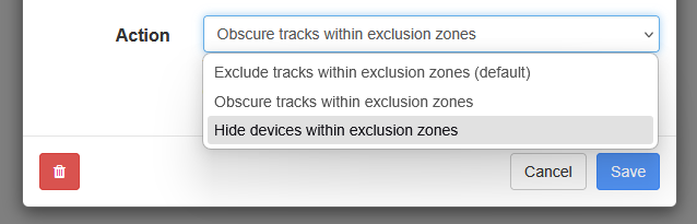 Exclusion action menu with Hide devices within exclusion zones selected.