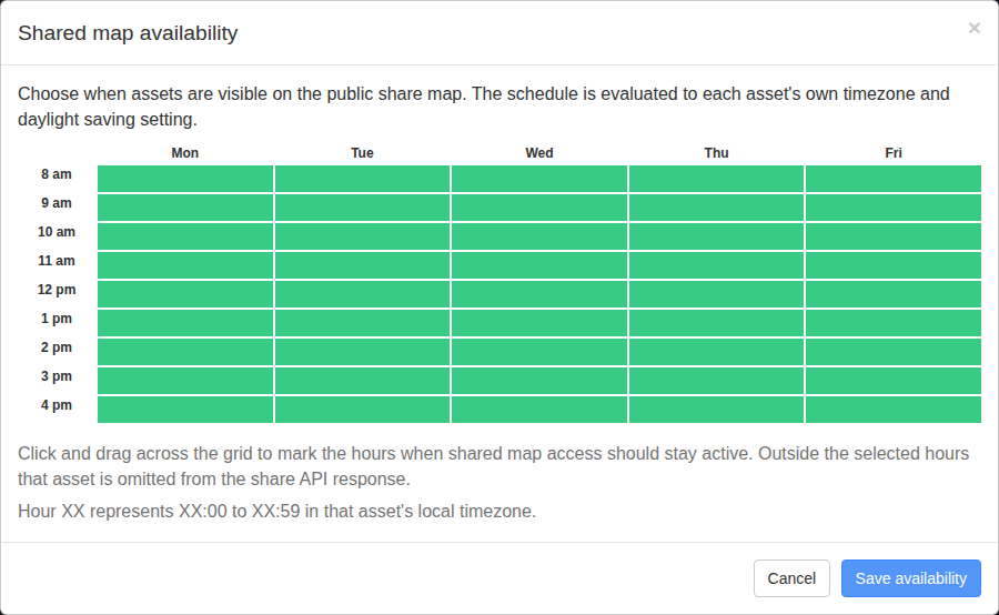Shared map availability schedule showing weekday access hours highlighted in green.