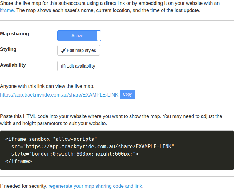 Map sharing tab showing activation styling availability direct link and embed code controls.