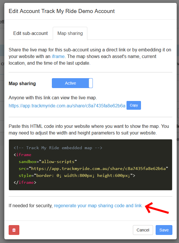 Map sharing tab highlighting the link used to regenerate the sharing code and invalidate the old URL.