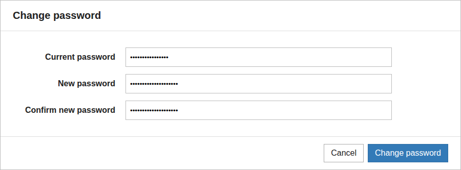 Change password dialog showing current password new password and confirmation fields.