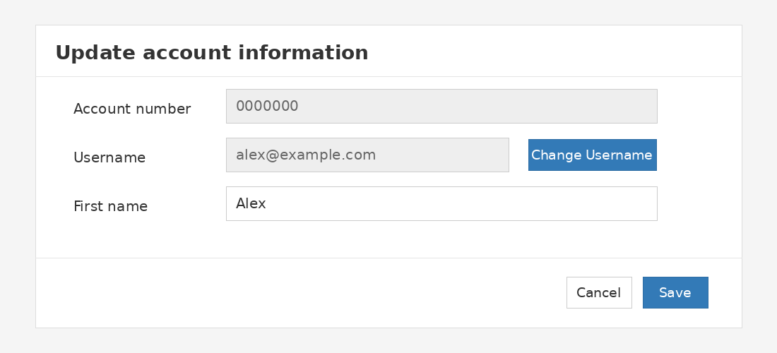 Update account information dialog showing privacy-safe account and profile details with Save controls.