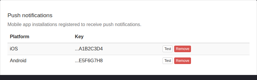 Security tab showing masked example mobile push registrations with Test and Remove controls.
