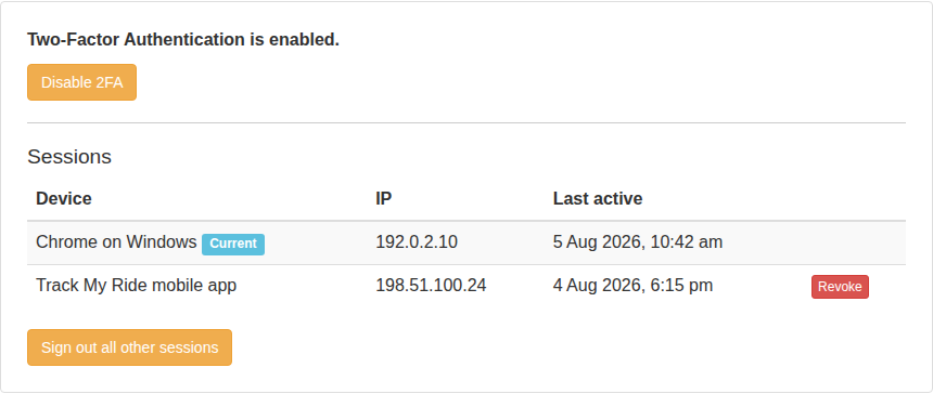 Security tab showing a sanitised list of active account sessions and sign-out controls.