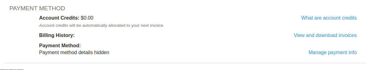 Account Payment Method section showing the Manage payment info link and hidden payment details.