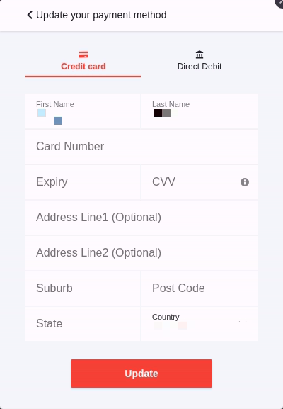 Secure payment method update form with prefilled private identity information pixelated.