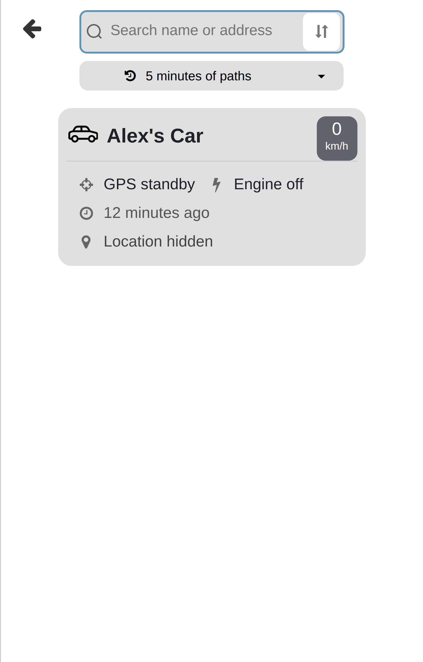 Vehicle list opened from the map search bar on a phone.